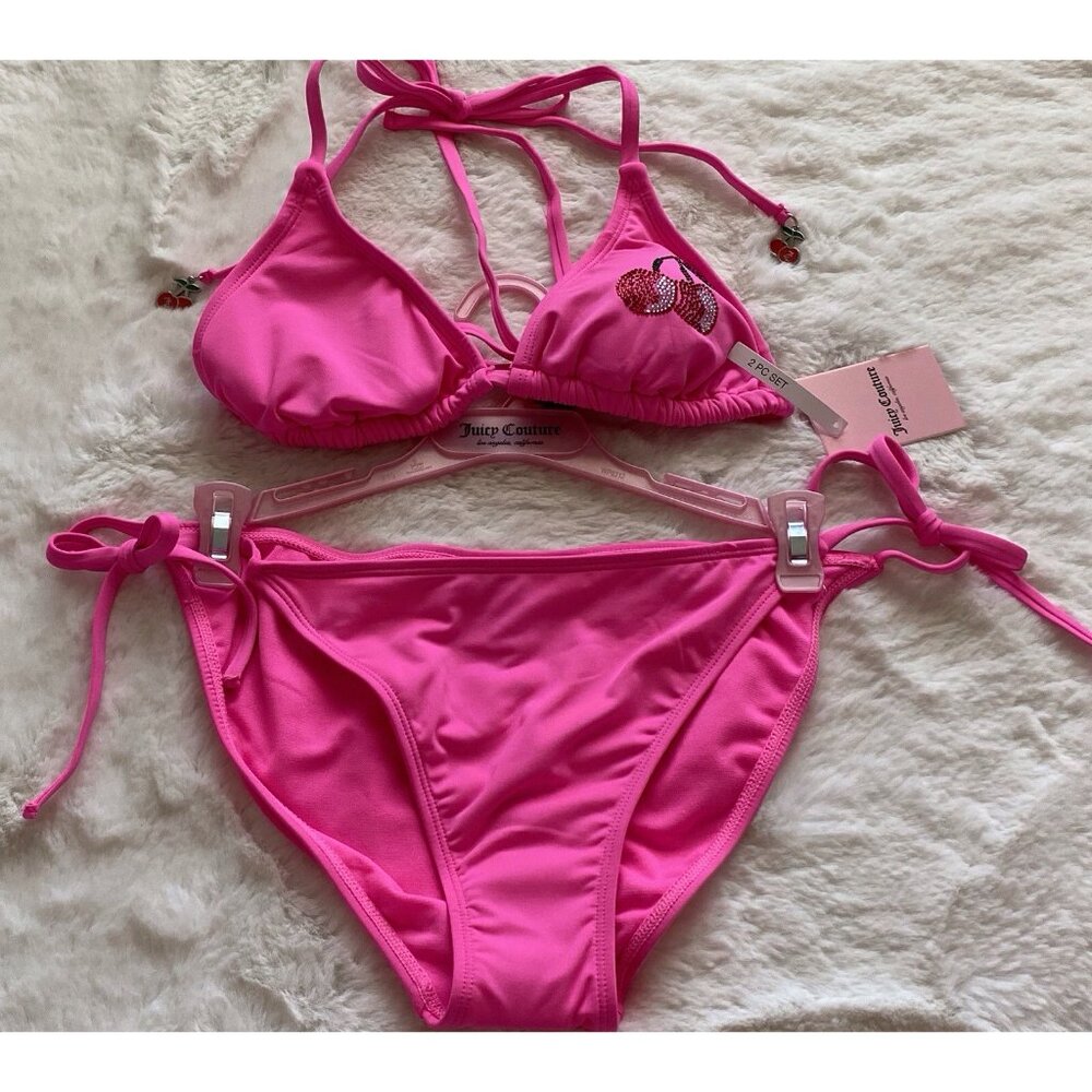 Juicy Couture Cherry Rhinestone Bikini Set Ladies Women’s Sz M Pink Mage NEW